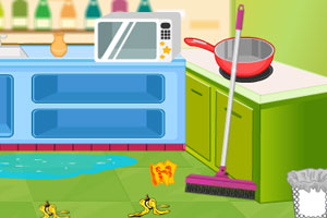 女孩打扫厨房