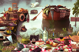 野餐湖边找东西