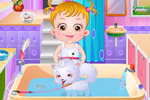 可爱宝贝照顾狗狗