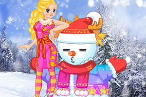 可爱小女孩和雪人